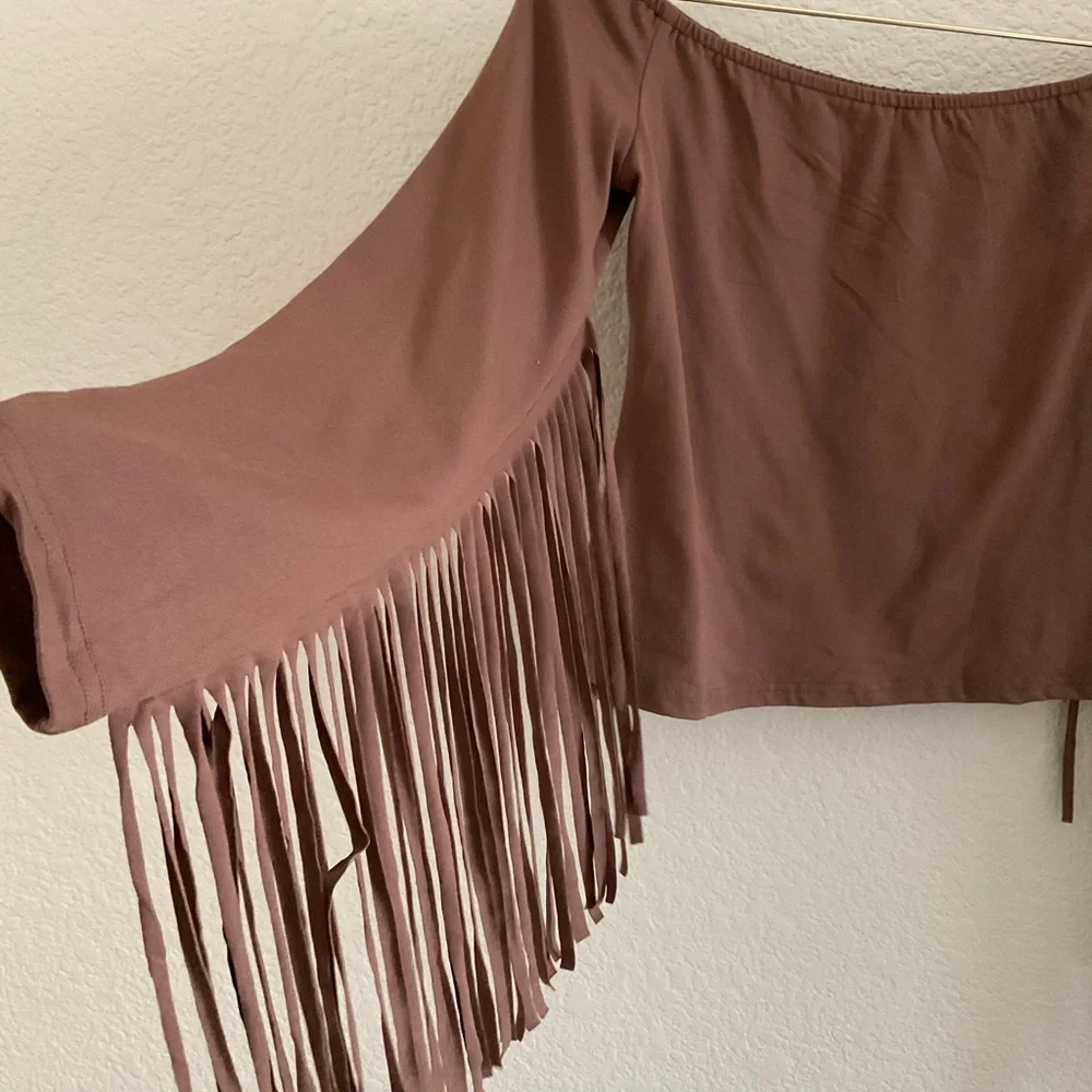 New SHEIN Brown Off-Shoulder Fringe Blouse - Picture 7 of 7